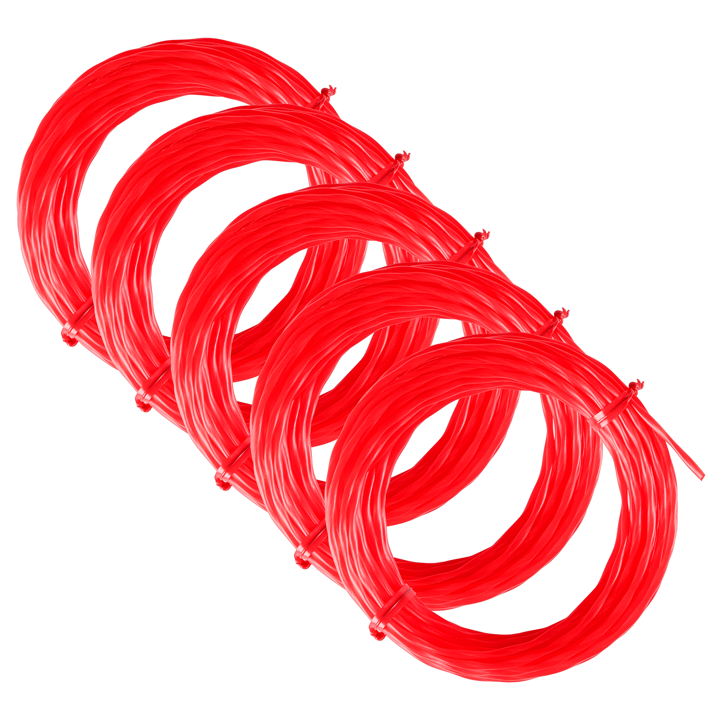 Five bright red pre-cut twisted trimmer lines bundled for landscaping and home improvement use