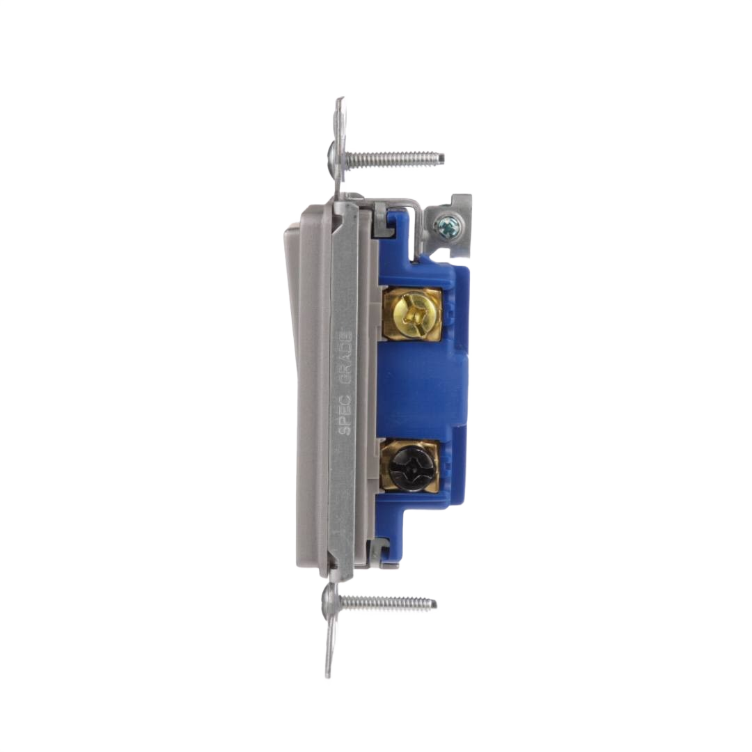 Side view of silver granite decorator-style 3-way switch with brass and steel screw terminals for home improvement use