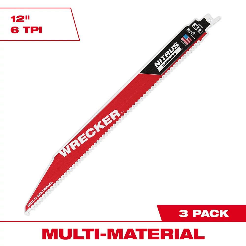 Three-pack of 12-inch 6TPI carbide-tipped saw blades for multi-material cutting in woodworking and power tool accessories collections