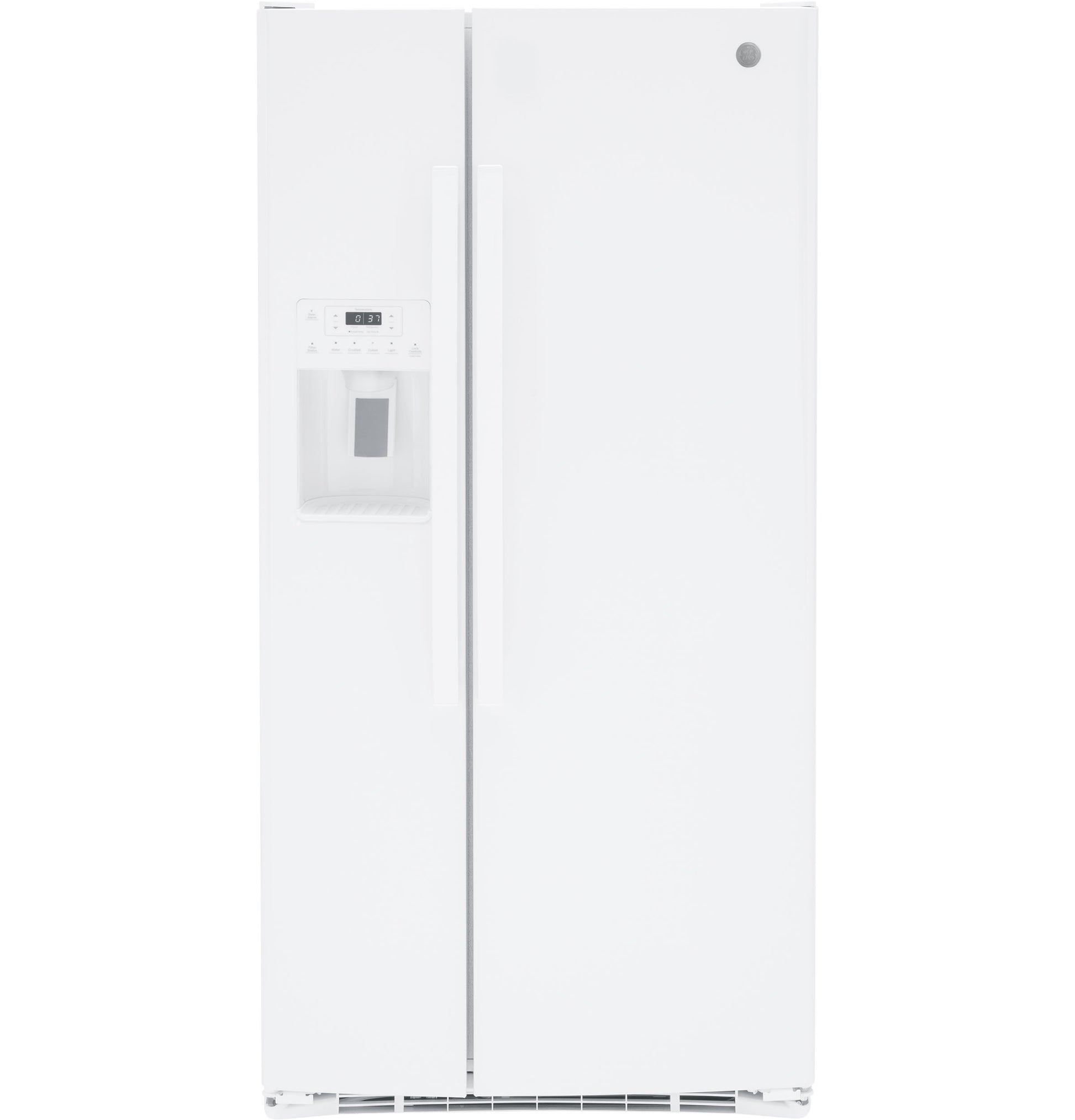 White side-by-side refrigerator with built-in water dispenser and digital control in kitchen appliances collection