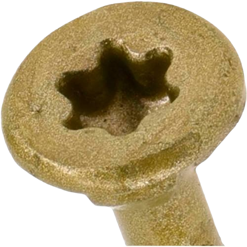 Close-up of gold-toned single clip screw with star-shaped drive for tools and home improvement projects