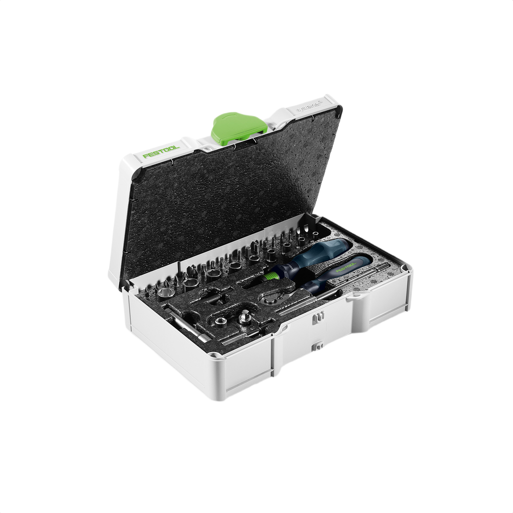 Compact ratchet set with multiple screwdriver bits and ergonomic handles in a durable white case for home improvement tasks