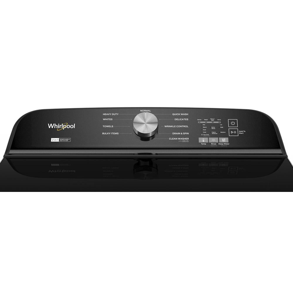 Control panel of a black Whirlpool top load washer with cycle options and settings for home improvement and laundry appliances
