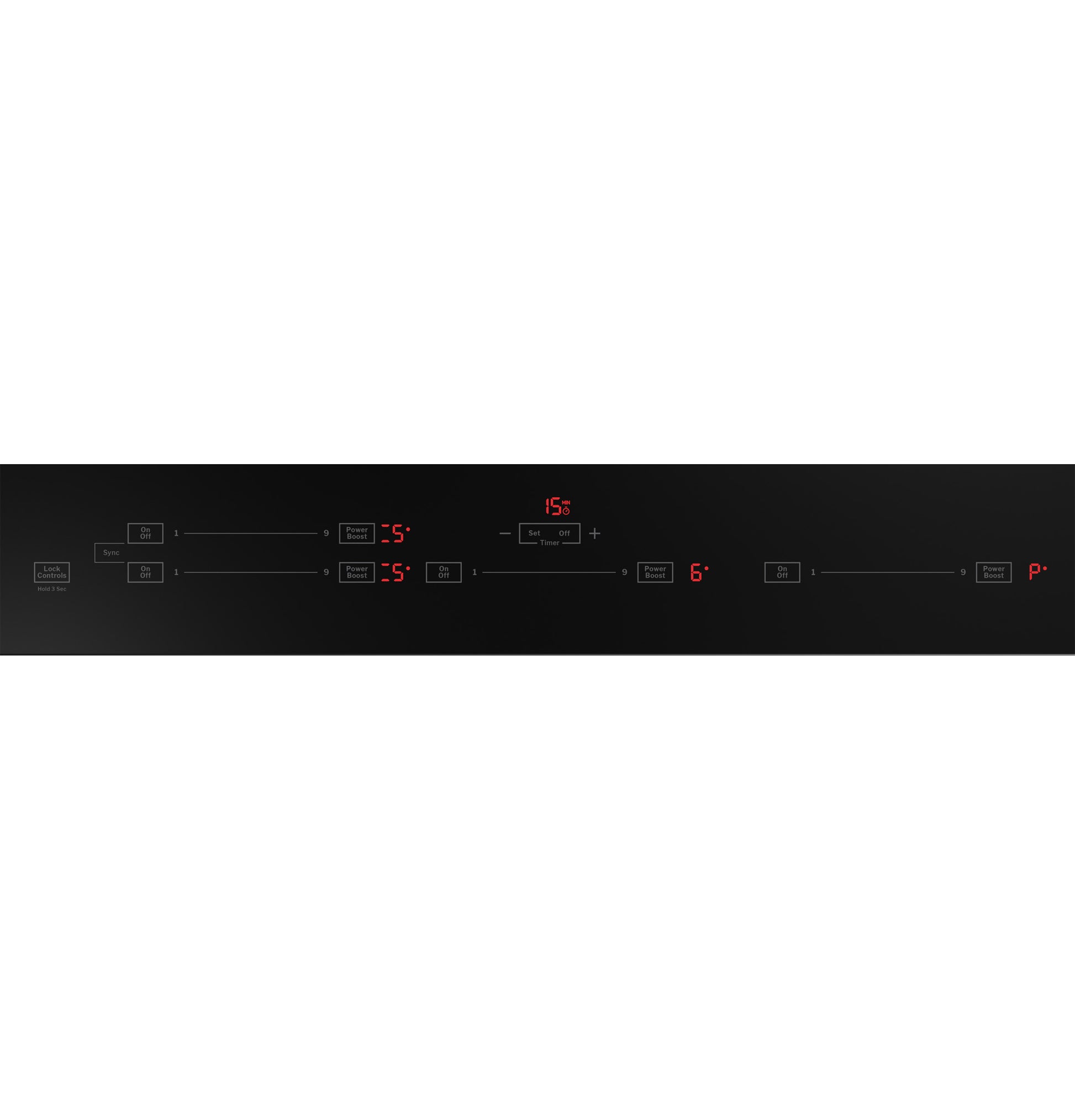 Black touch control panel with digital display for GE Profile induction cooktop from Cooktops and Kitchen & Kitchenware collections