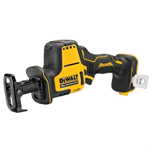 Yellow and black cordless one-handed reciprocating saw with brushless motor for tools and home improvement tasks