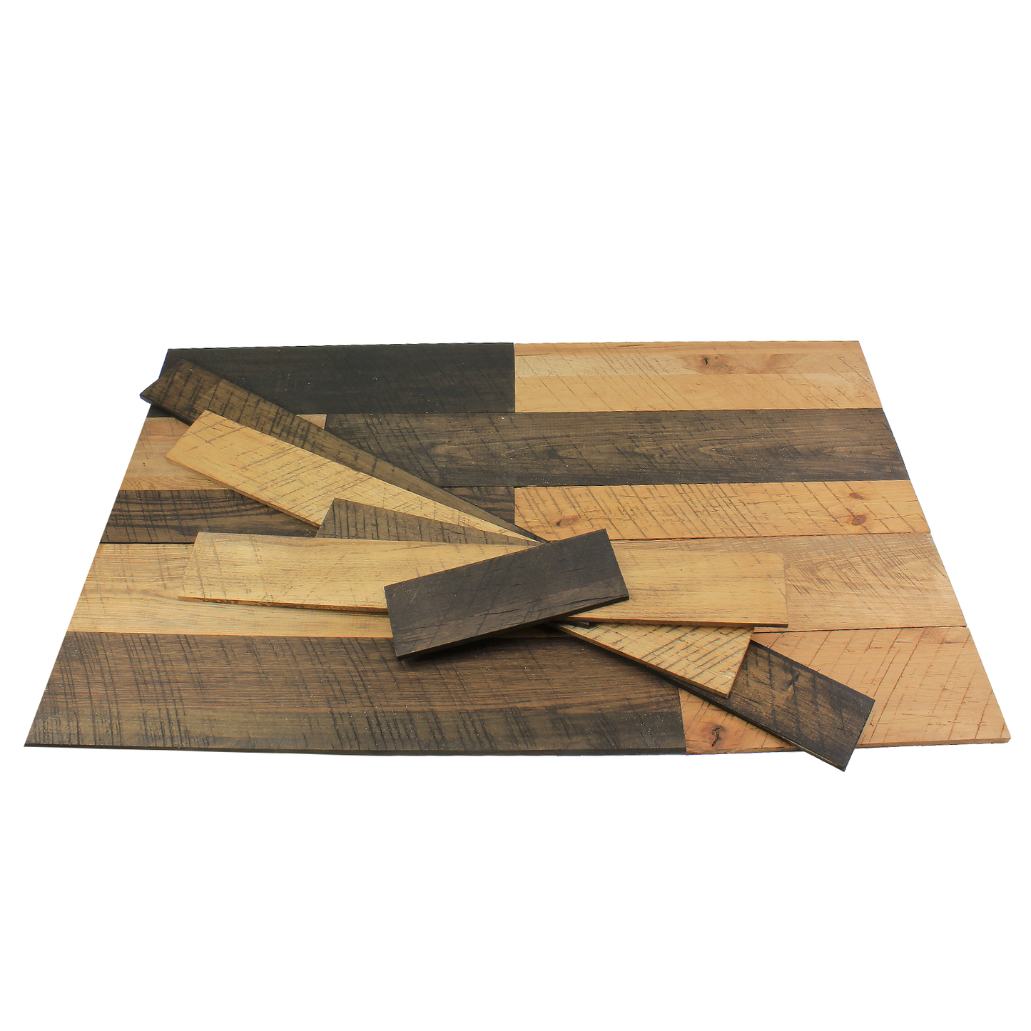 Stack of rectangular wooden planks with brown textured surfaces arranged on a flat surface for home improvement projects