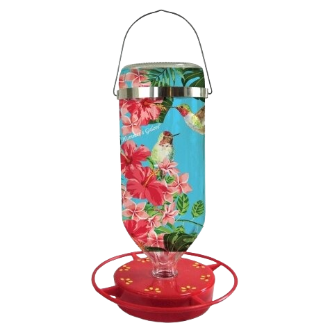 Blue sky hummingbird feeder with red base, floral design, and metal hanging handle for outdoor garden use