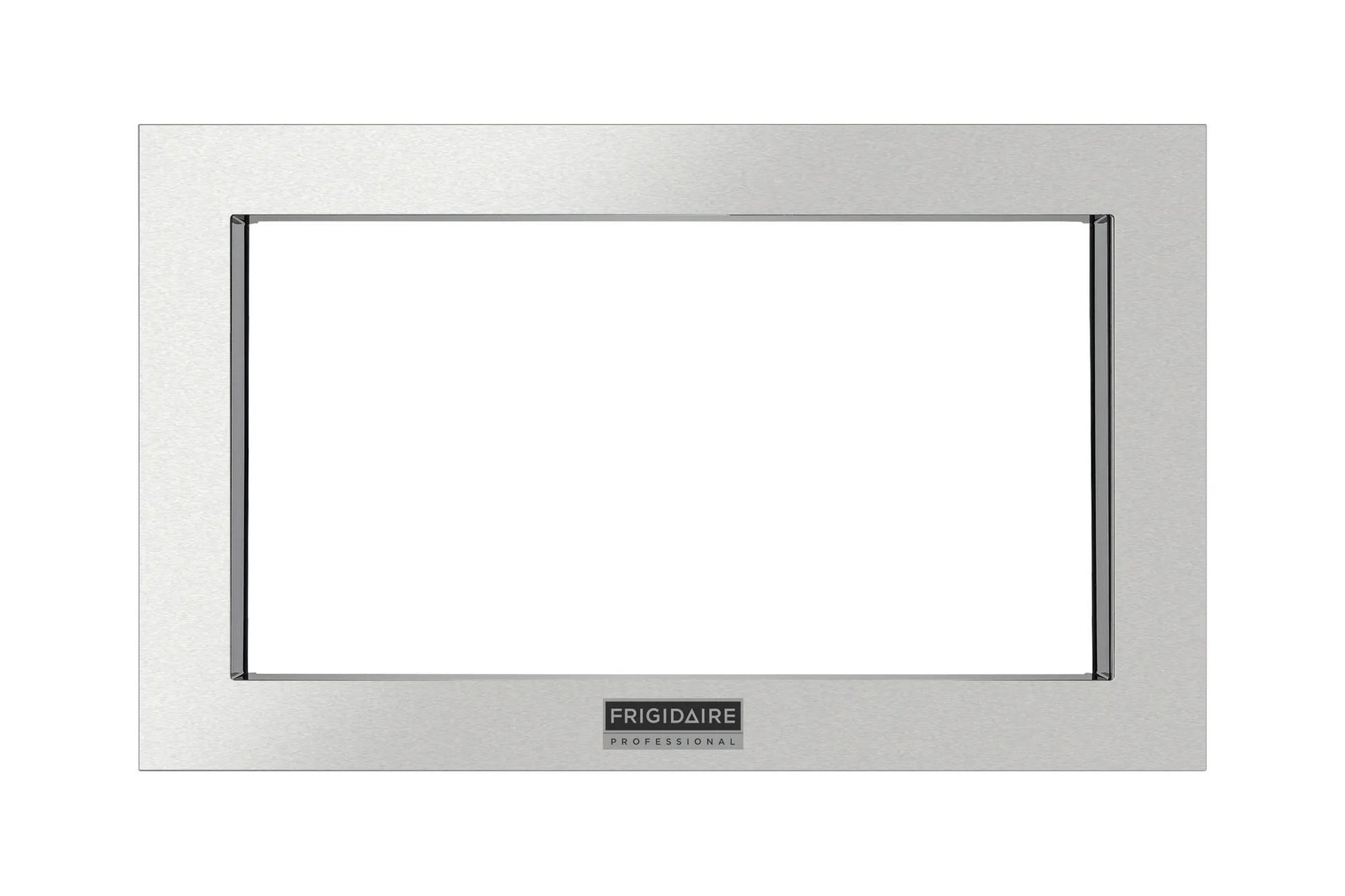 Stainless steel microwave trim kit with a smooth finish for built-in appliance installations in kitchen settings
