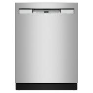 Stainless steel dishwasher with front controls, sleek handle, and modern design in kitchen appliances collection