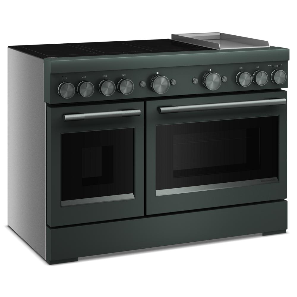Dark green commercial-style freestanding range with six induction elements, dual ovens, and integrated griddle from KitchenAid collection