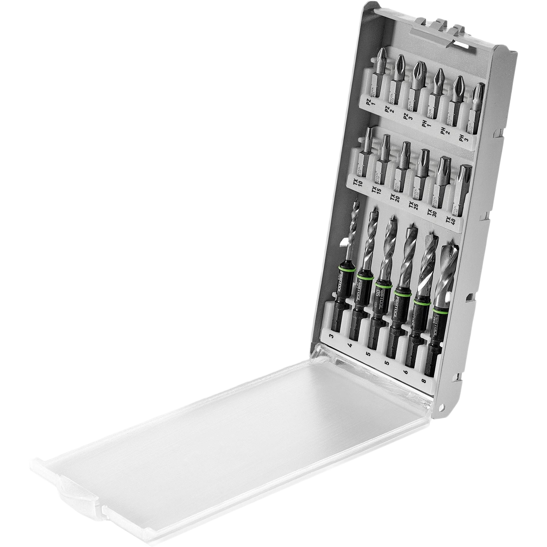 Compact drill bit set in a gray case with multiple bit sizes for power tool accessories and home improvement use