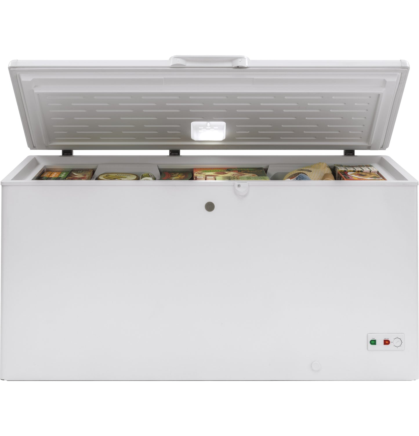 White manual defrost chest freezer with interior light and storage for frozen goods, part of kitchen appliances collection
