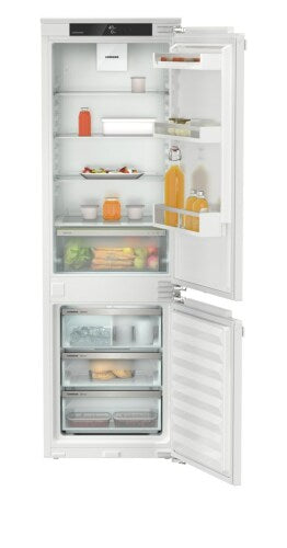 Built-in refrigerator freezer with right hinge, ice maker, adjustable shelves, and clear storage bins in Appliances collection