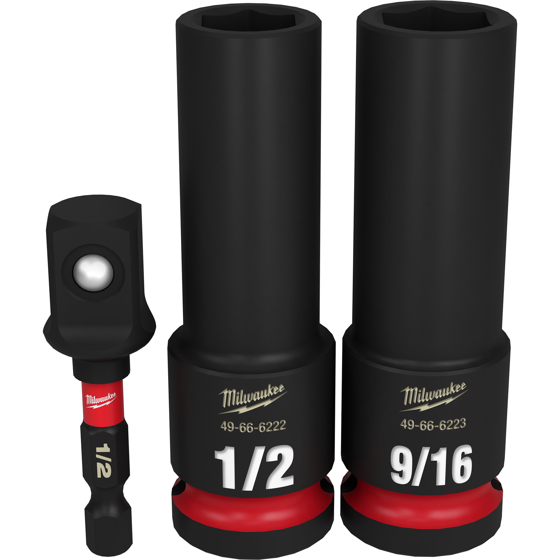 Black deep impact sockets with red accents and 1/2-inch drive markings for heavy-duty tool use