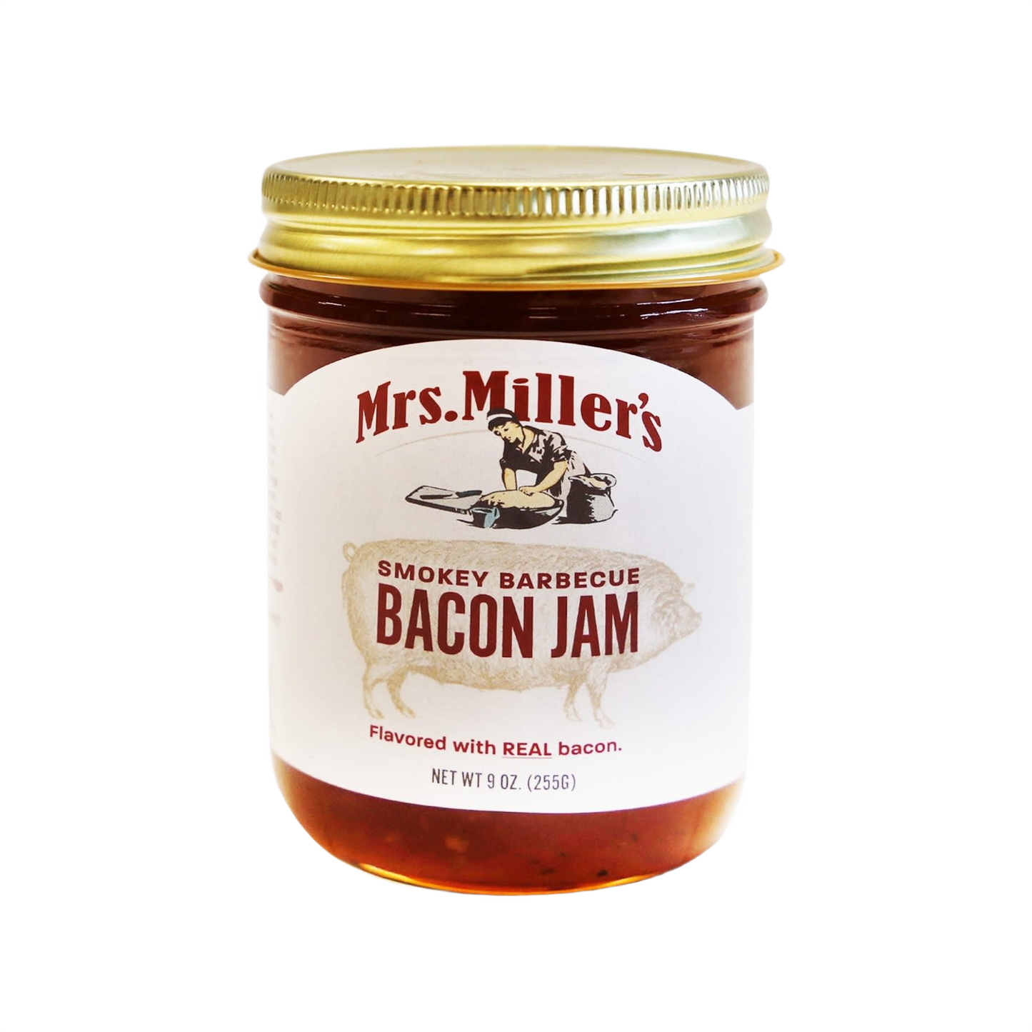 Glass jar of smoky barbecue bacon jam with gold lid in jams and jellies food and beverage collection under $50