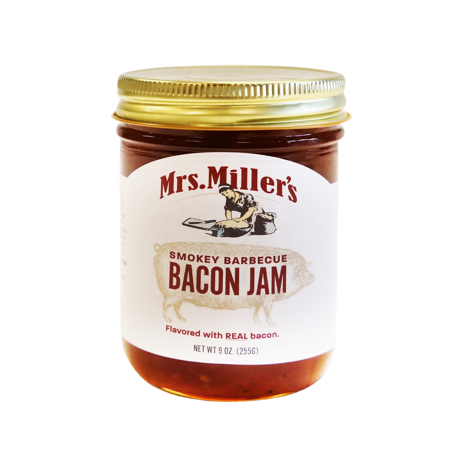 Glass jar of smoky barbecue bacon jam with gold lid in jams and jellies food and beverage collection under $50