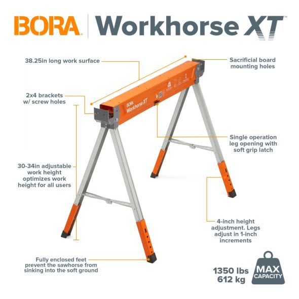Adjustable height metal sawhorse with orange and silver finish and sturdy feet for tools and home improvement projects