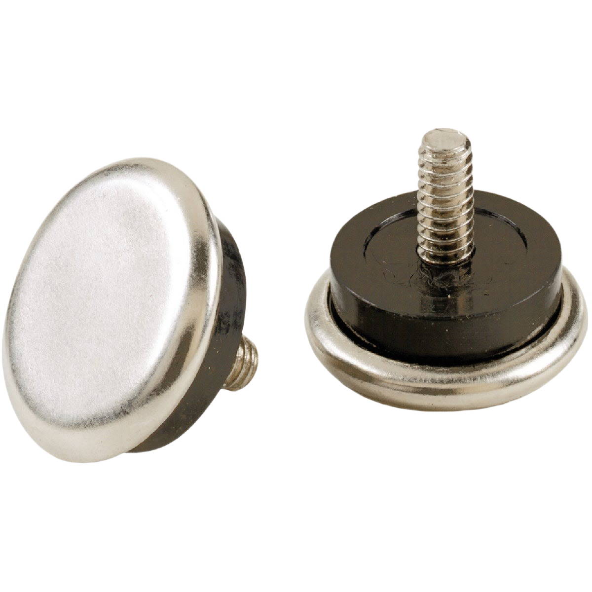 Nickel-finished adjustable furniture glides with threaded stems for leveling and protecting floors in home improvement projects