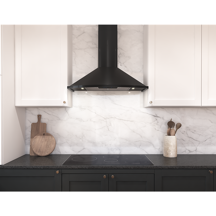 Black powder-coated chimney hood with LED lighting above induction cooktop in modern kitchen setting for home improvement tools