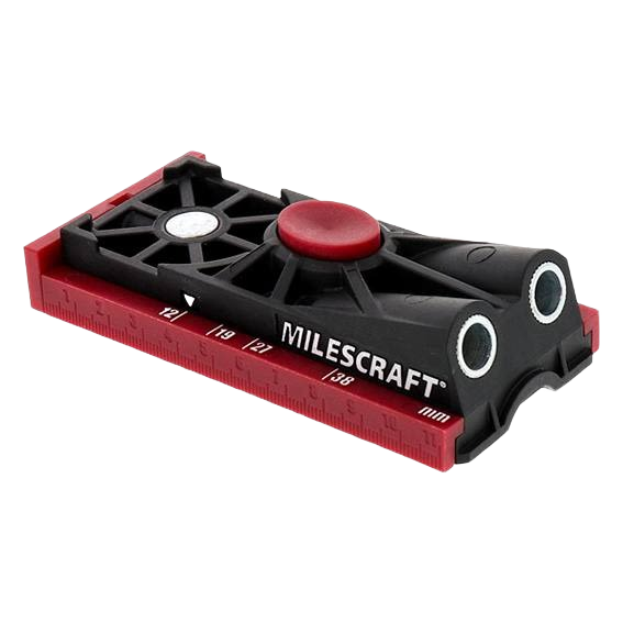 Compact black and red pocket hole jig with built-in drill guides and ruler for woodworking tool accessories and home improvement