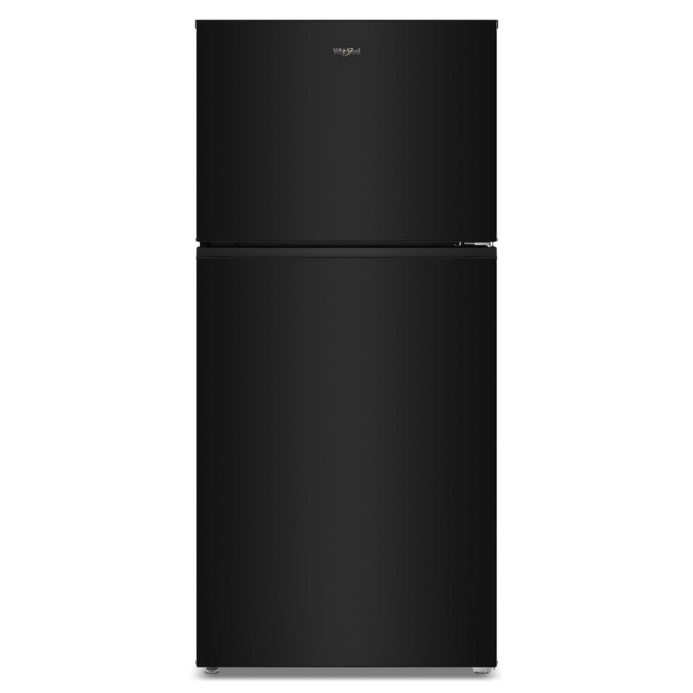 Front view of a black top freezer refrigerator with smooth doors and minimalistic design, part of Refrigerators, Top Freezer Refrigerators, Kitchen & Kitchenware, All Products, and Appliances collections.