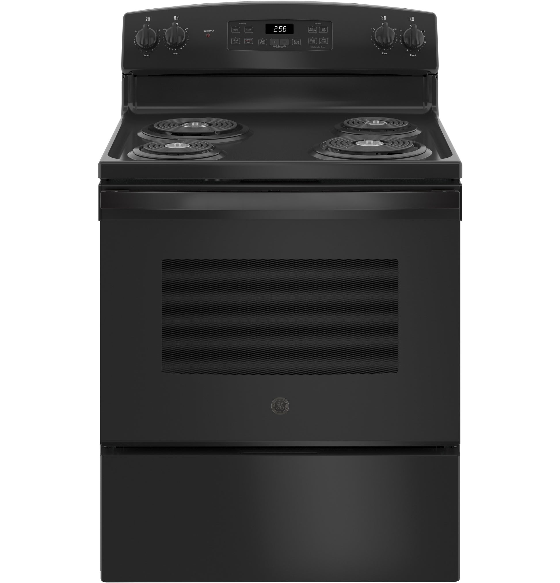 Black freestanding electric range with coil burners, digital clock, and control knobs for cooking in appliances collection
