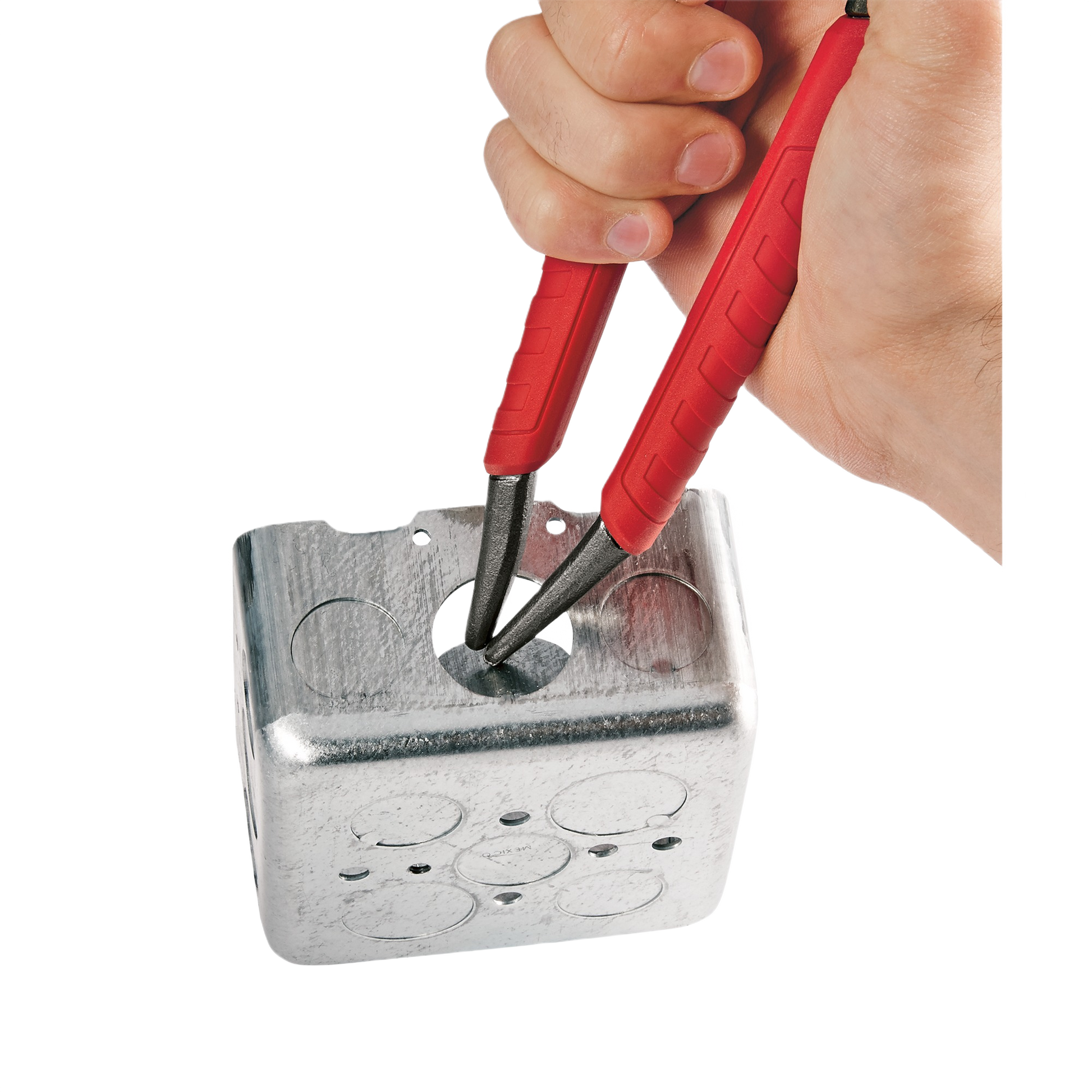 Hand gripping red comfort handle pliers to manipulate metal electrical box for home improvement tasks