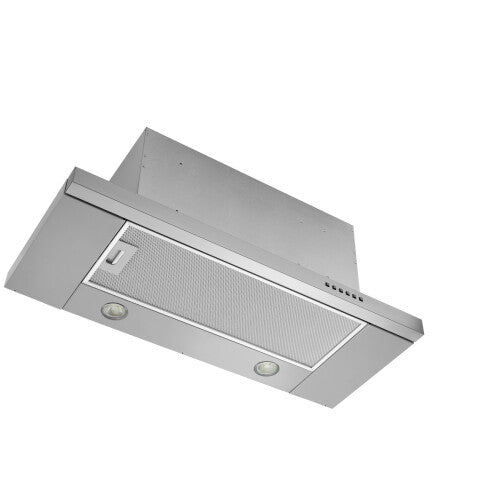 Stainless steel 30-inch slide-out kitchen range hood with 400 CFM ventilation and built-in lights for home improvement.