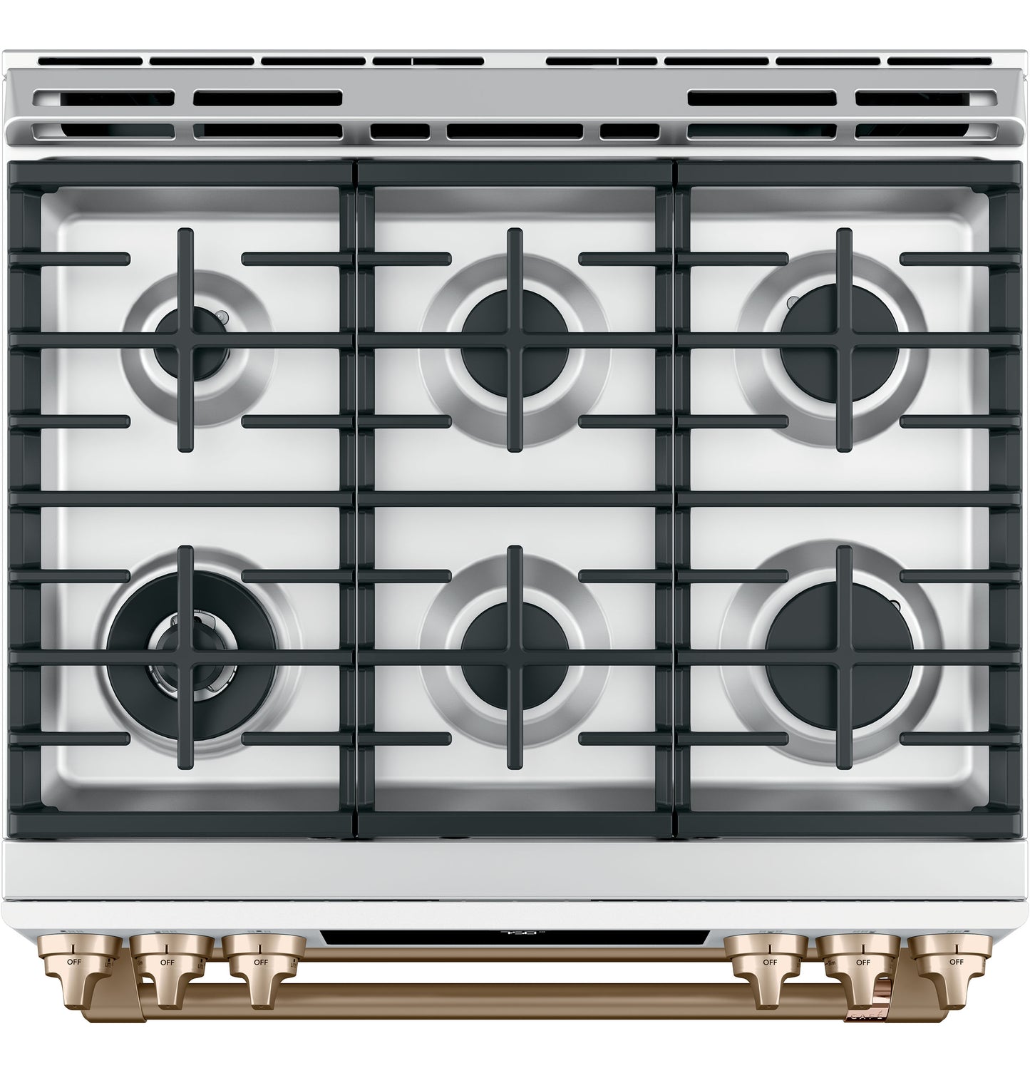 Top view of white gas cooktop with six burners, black grates, and bronze-tone knobs from Ranges & Kitchenware collection