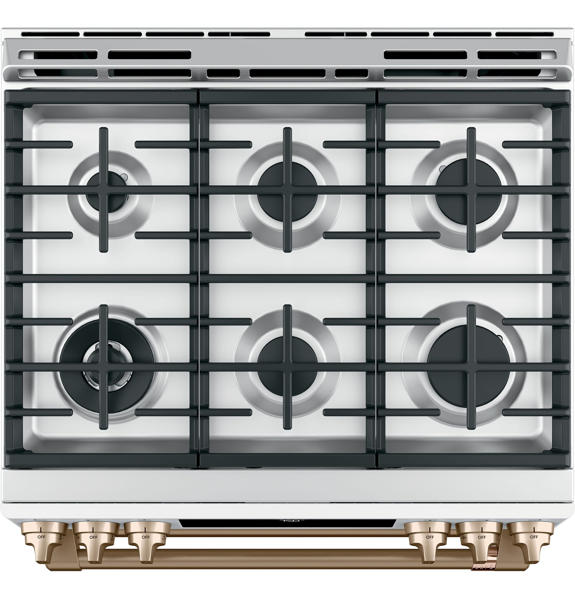 Top view of white gas cooktop with six burners, black grates, and bronze-tone knobs from Ranges & Kitchenware collection