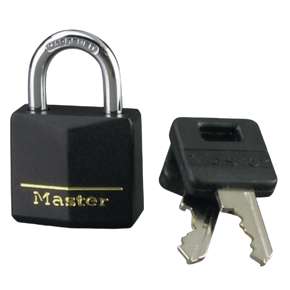 Black keyed padlock with wide vinyl-covered body and two keys, ideal for hardware and home improvement projects under $50