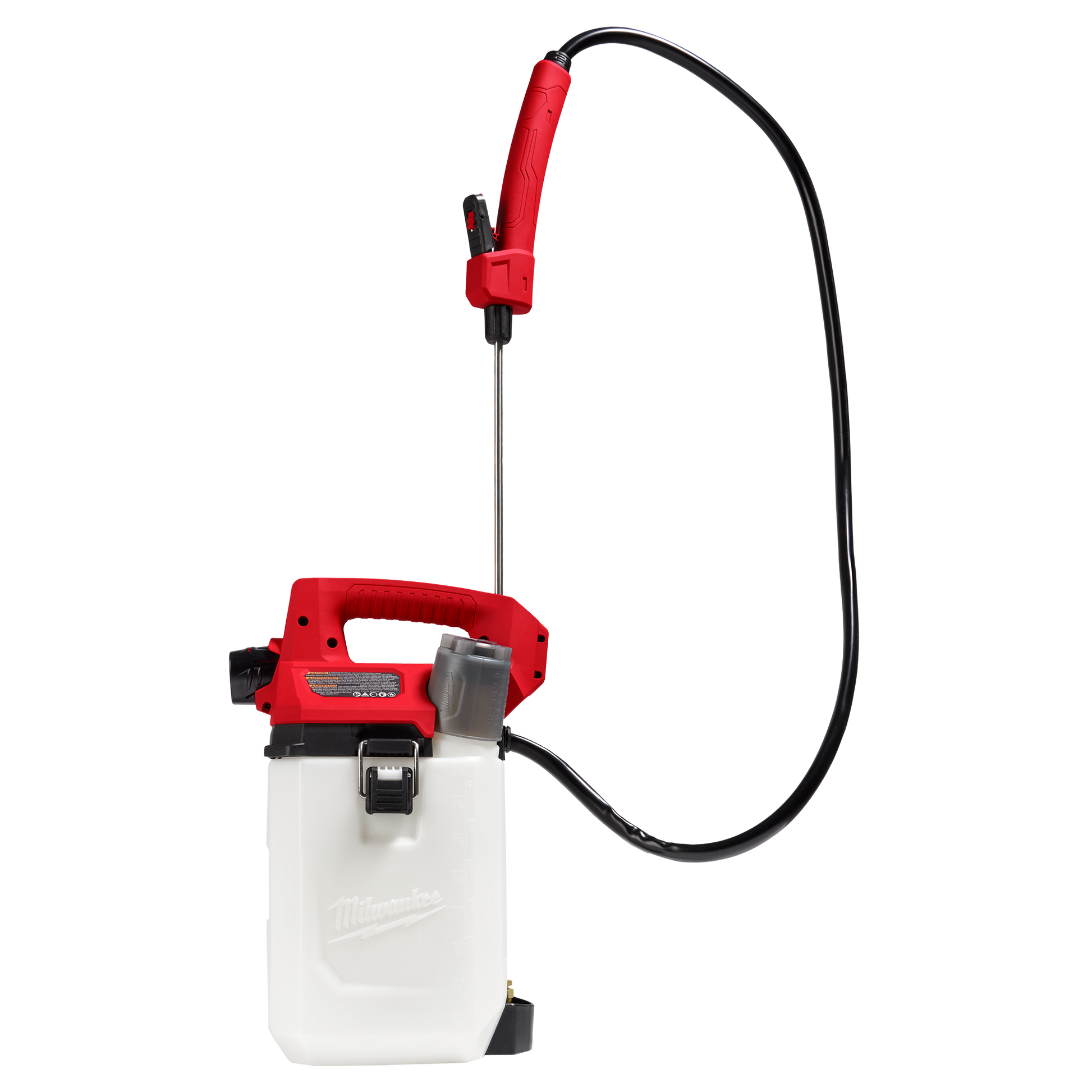 Red and white handheld sprayer with flexible black hose and ergonomic grip for tools and home improvement use