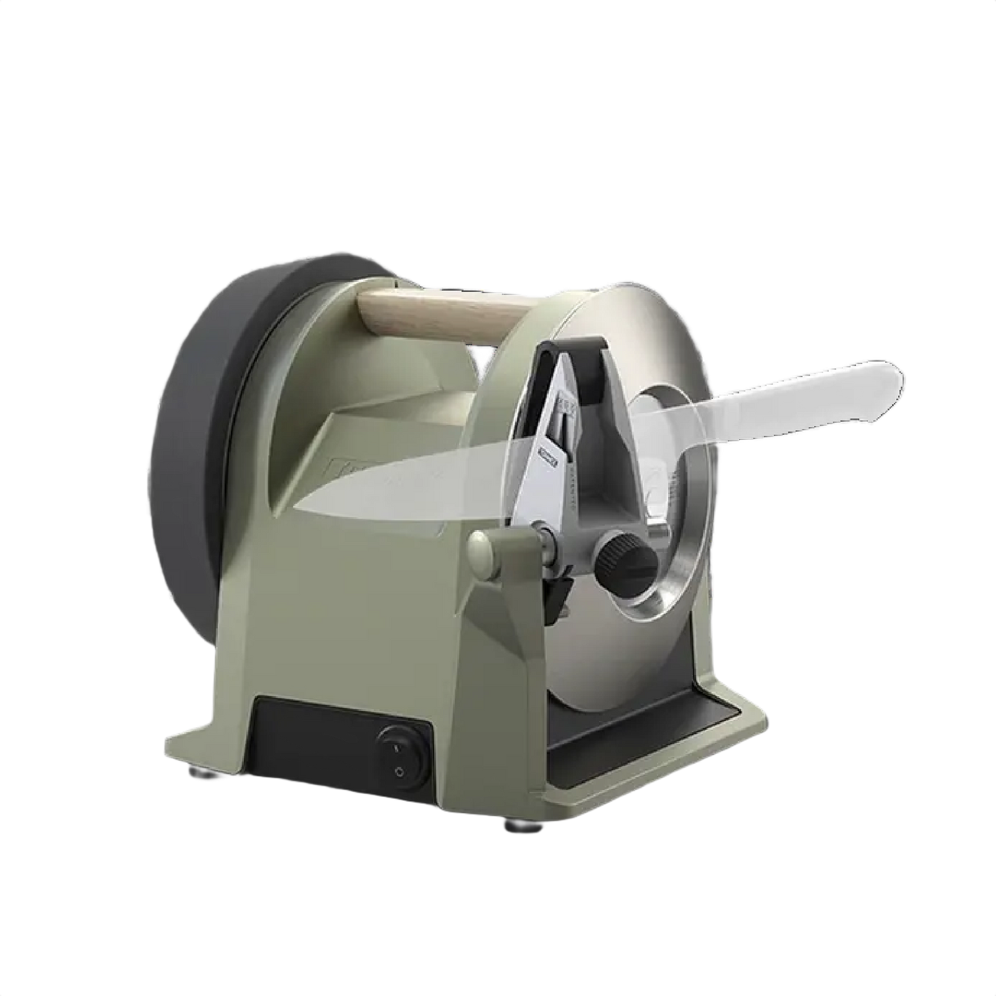 Ash green kitchen knife sharpener with wooden handle and protective blade guard for home tool sharpening tasks