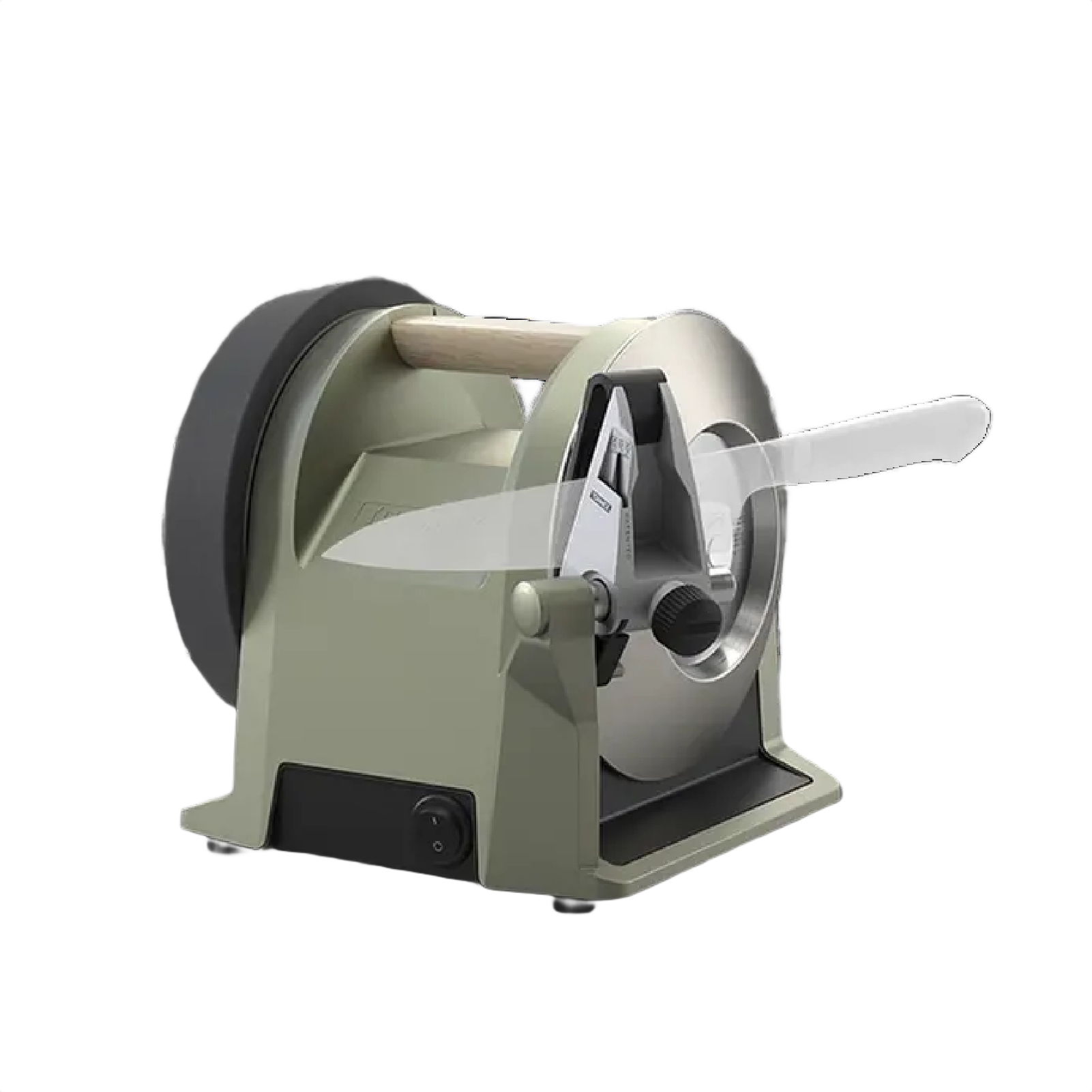 Ash green kitchen knife sharpener with wooden handle and protective blade guard for home tool sharpening tasks