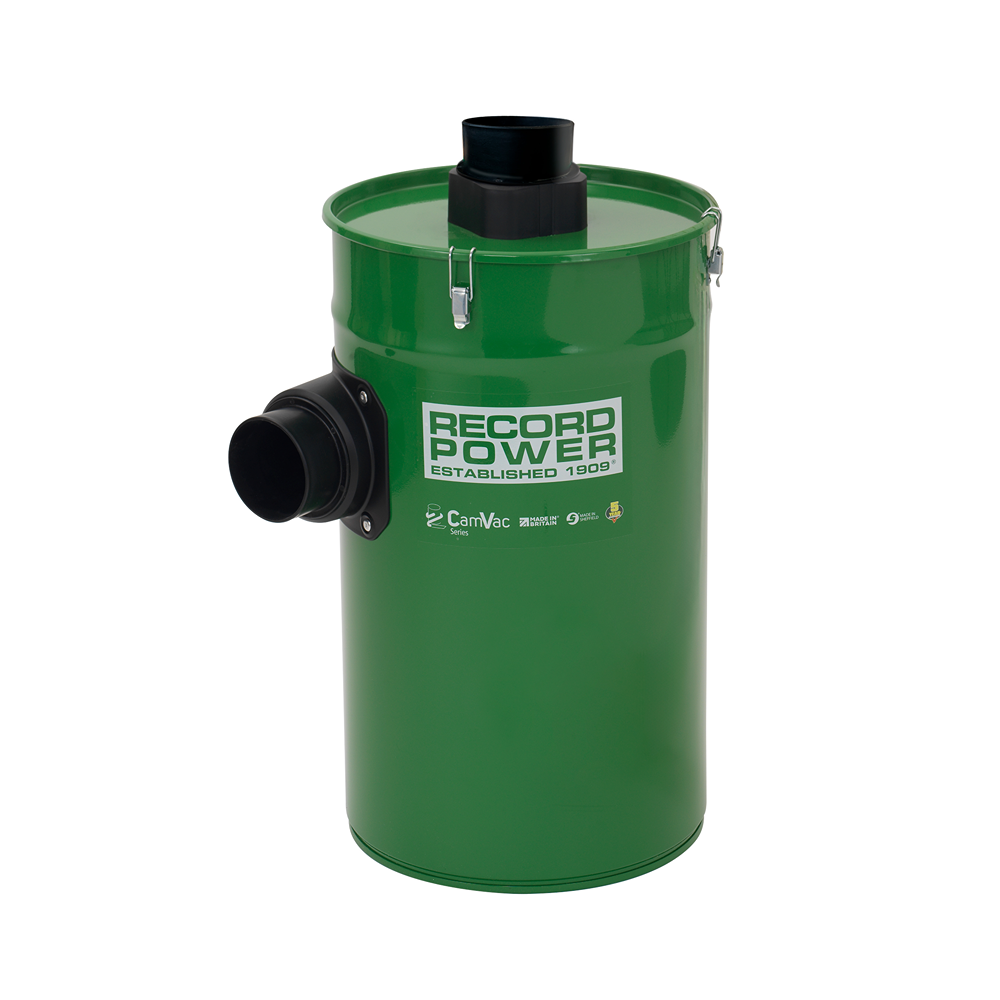 Green metal dust collection drum with bayonet inlet and outlet designed for workshop tools and home improvement use