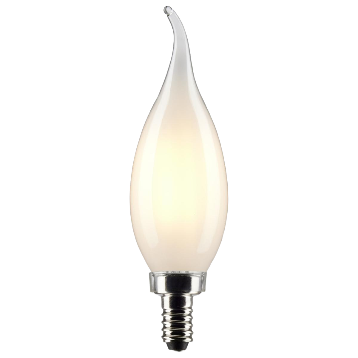 Frosted LED light bulb with flame-tip design, warm white glow, and candelabra base for home improvement lighting
