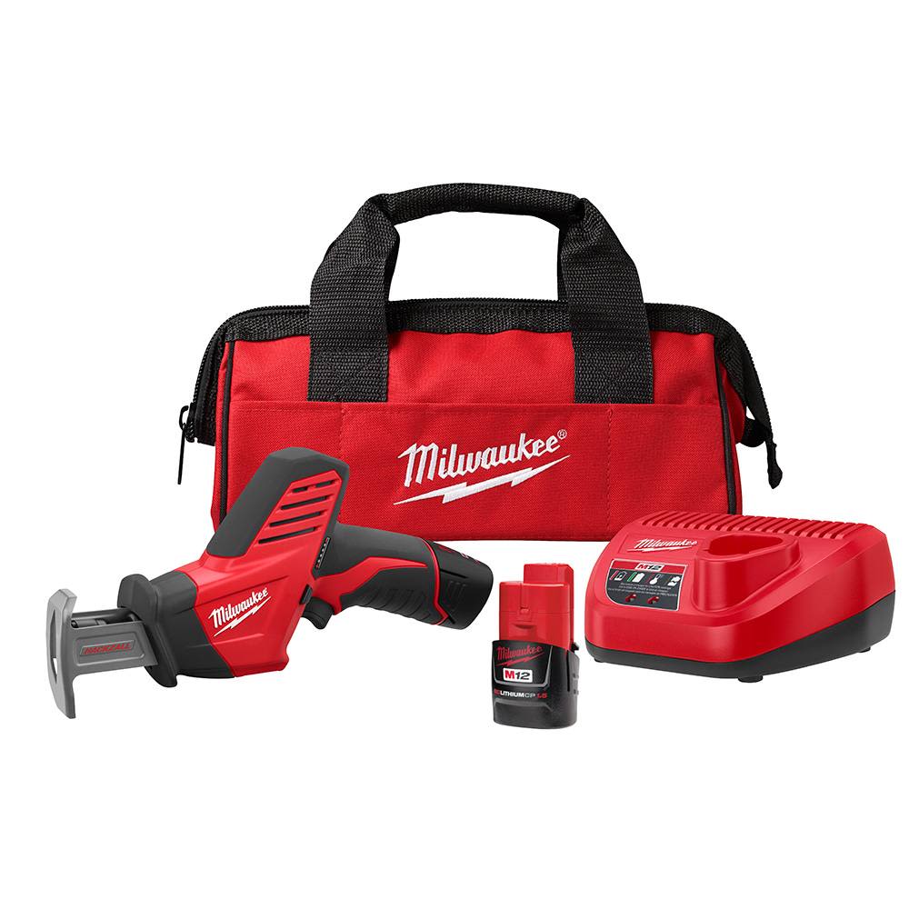Compact cordless reciprocating saw kit with battery, charger, and branded red carrying bag for power tool use