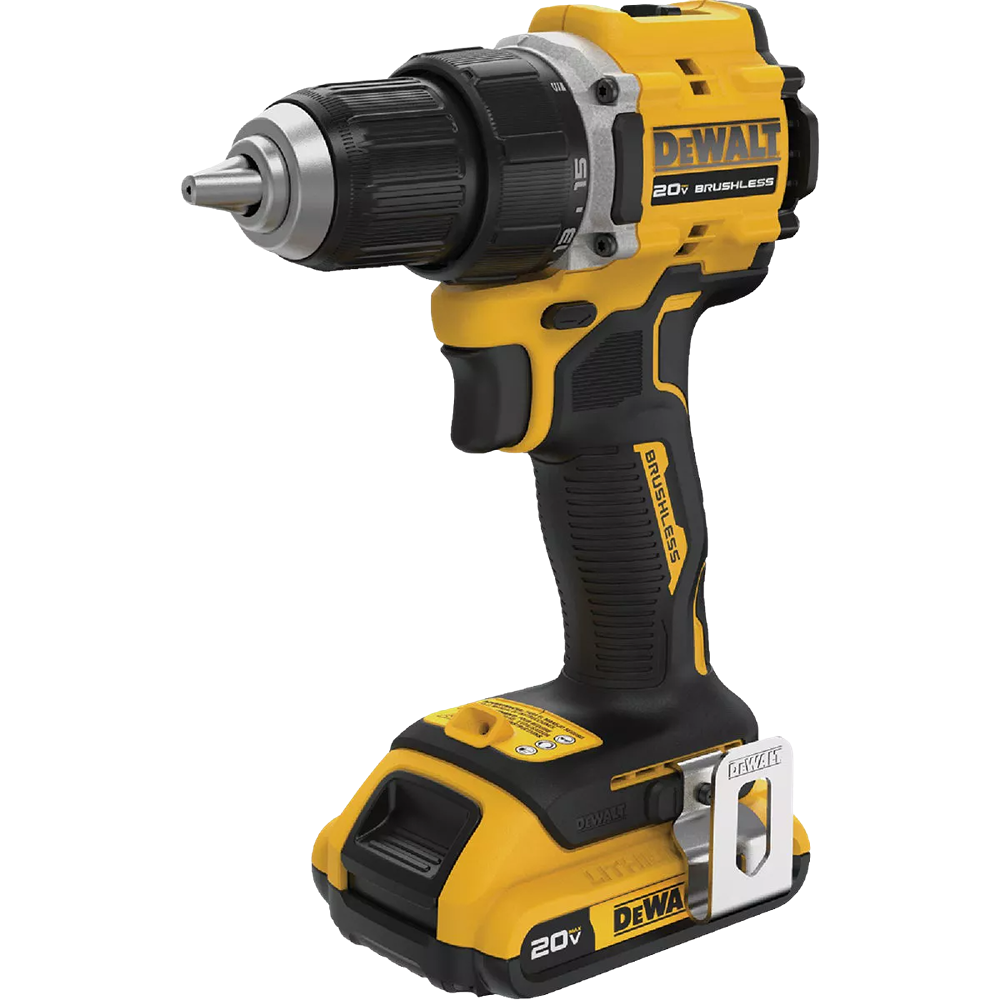 Yellow and black brushless cordless drill from DeWalt 20V MAX collection for power and woodworking tool use
