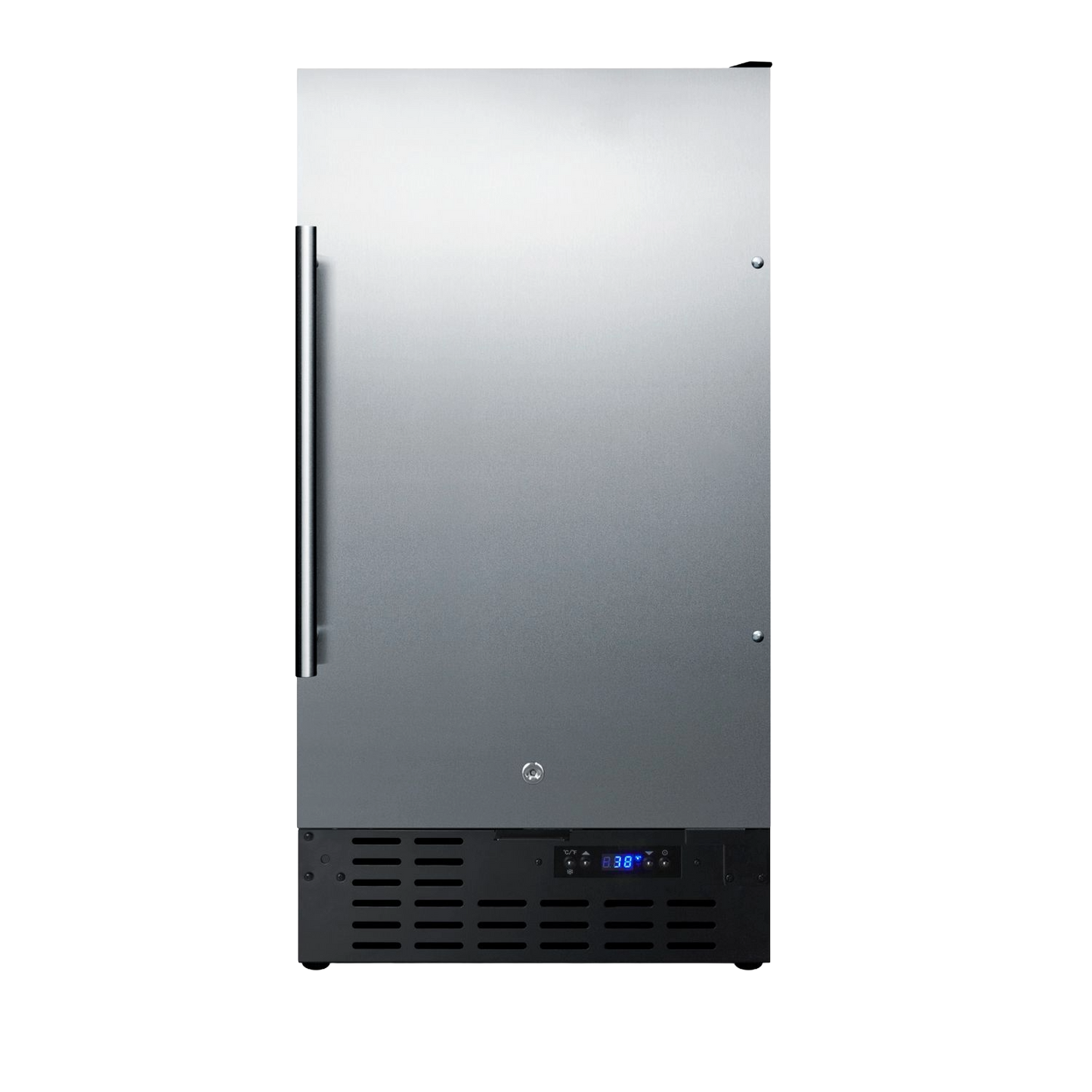 Built-in undercounter stainless steel refrigerator with digital temperature display and vented lower panel in kitchen appliances collection