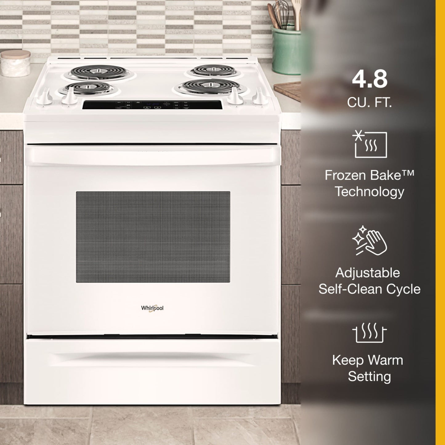 White electric range with four coil burners and digital control panel in modern kitchen setting