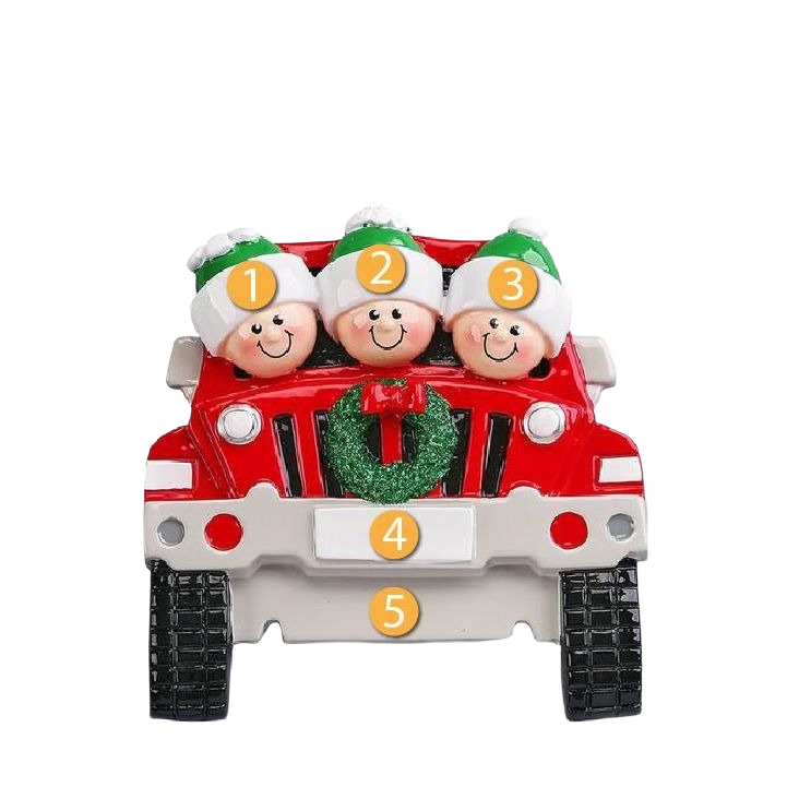 Red SUV Christmas ornament with three smiling faces wearing festive hats and green wreath for holiday tree decor under $50 collection