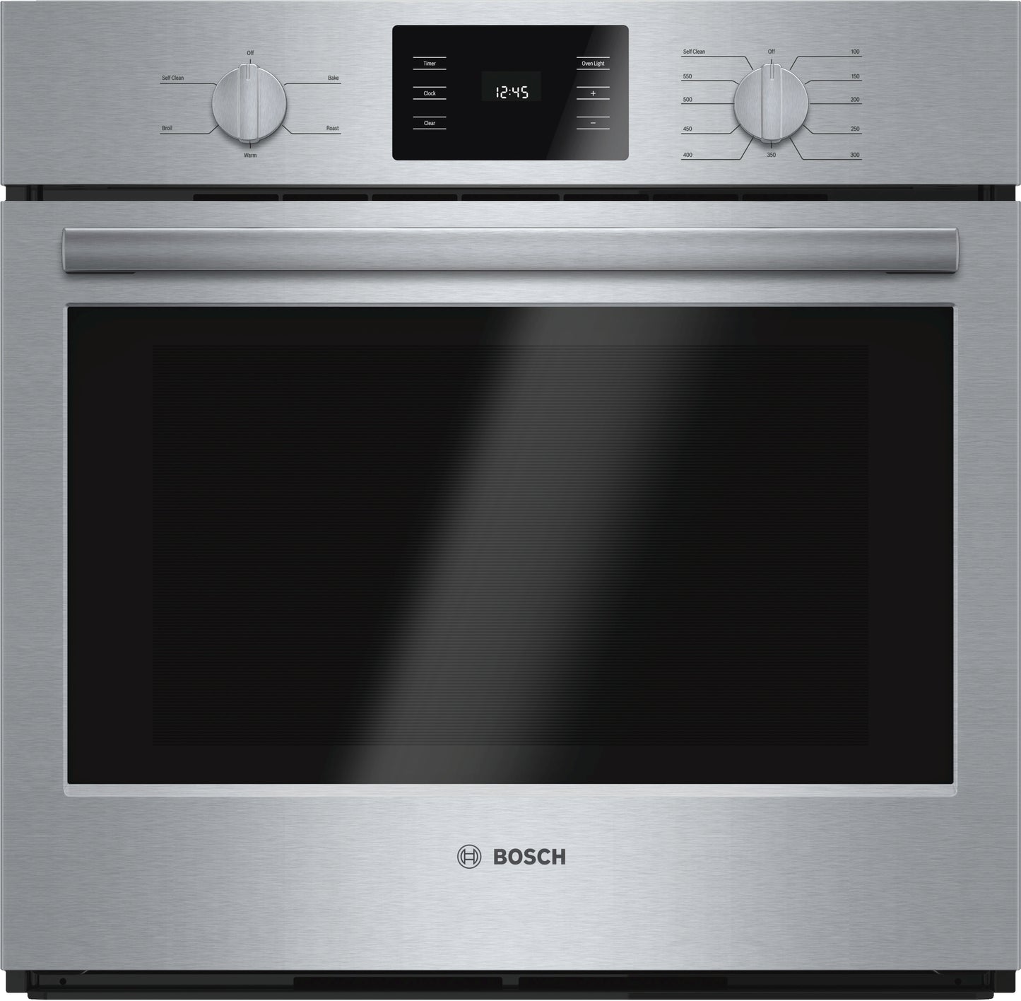 Stainless steel 30-inch wall oven with heavy-duty metal knobs and digital display from Bosch Appliances collection