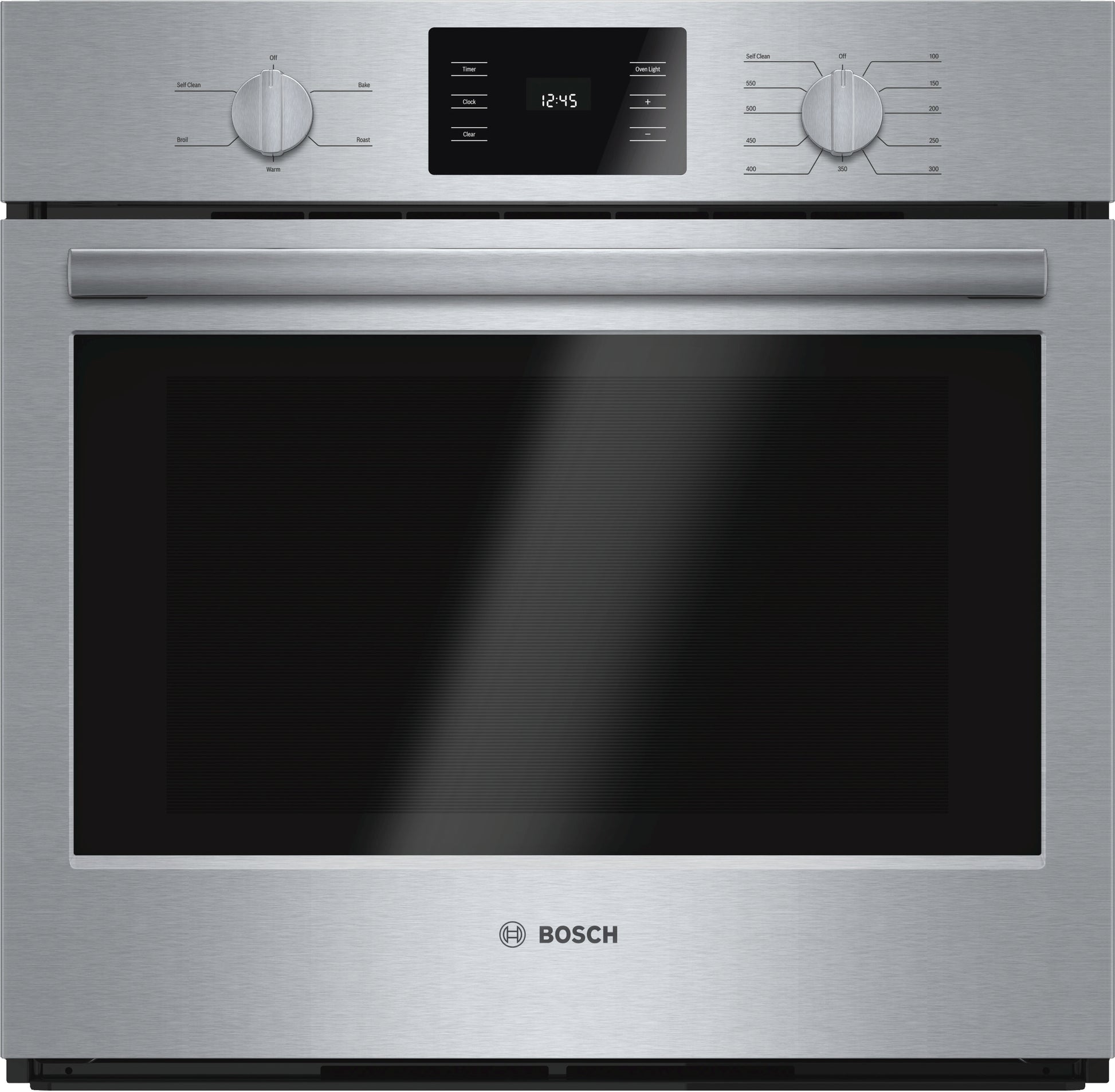 Stainless steel 30-inch wall oven with heavy-duty metal knobs and digital display from Bosch Appliances collection