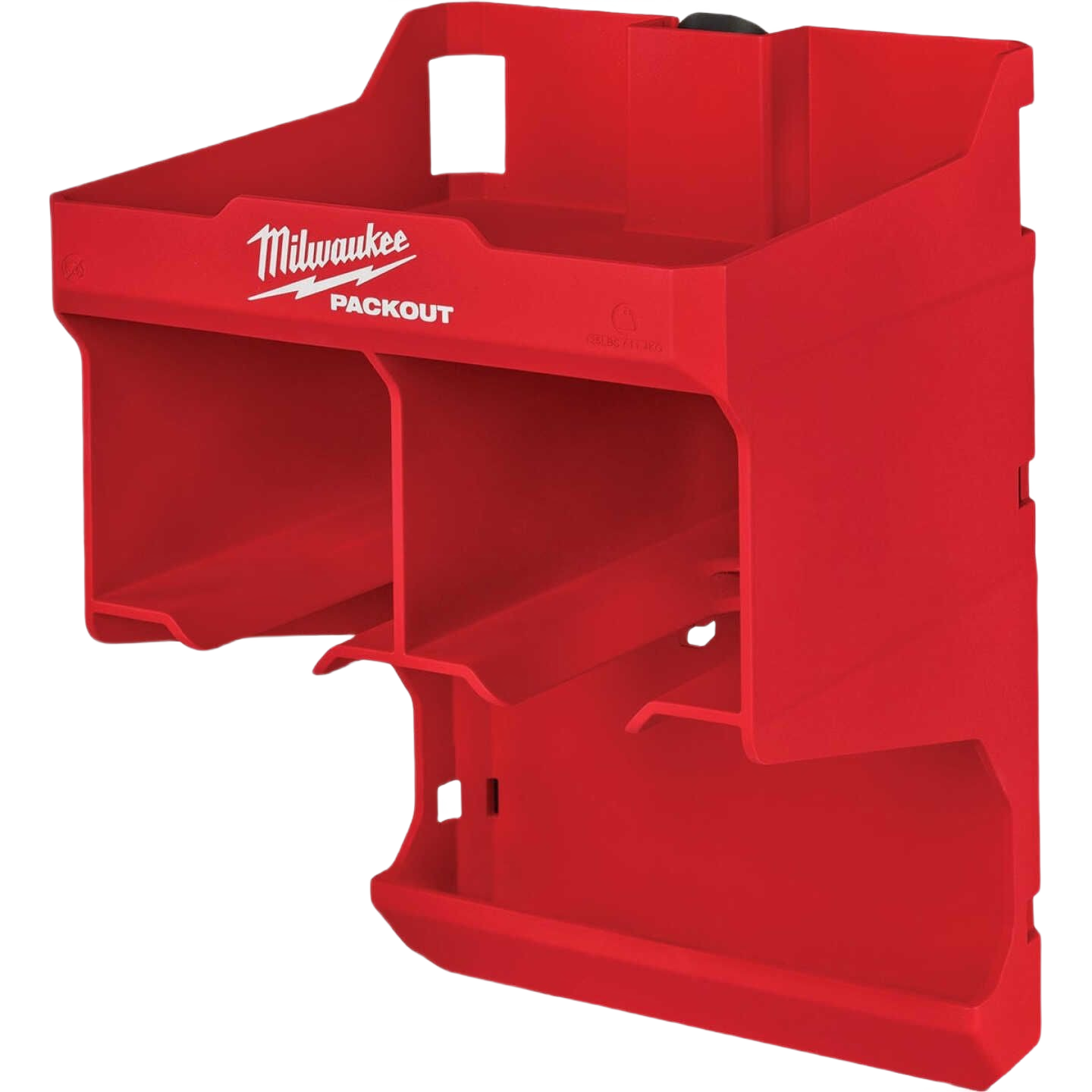 Red Milwaukee PACKOUT accessory with compartments for organizing home improvement tools and accessories