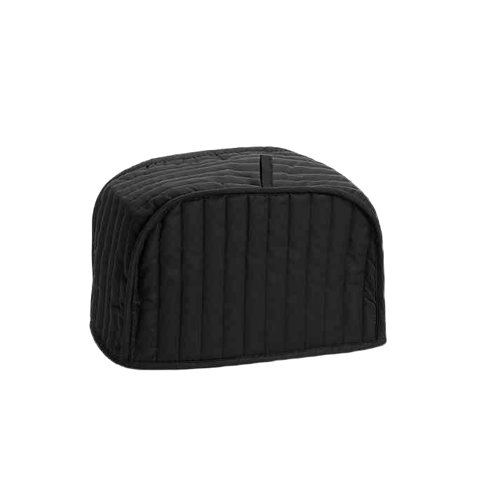 Black quilted two-slice toaster cover designed to protect kitchen appliances in home improvement settings