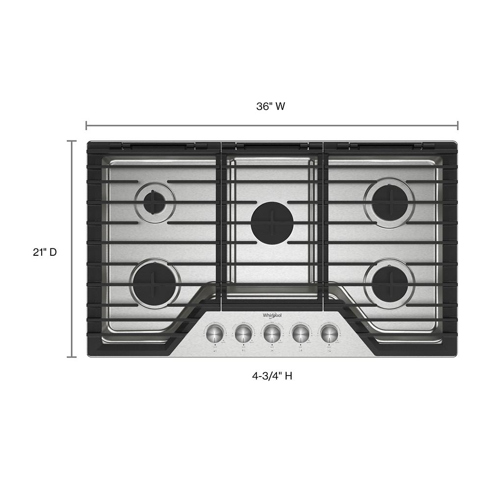 Top view of stainless steel 36-inch gas cooktop with five burners and EZ-2-Lift cast-iron grates for kitchen use