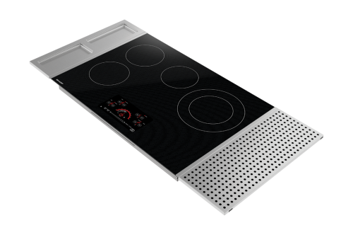 Black glass electric cooktop with four heating zones and stainless steel trim from Hartville Hardware appliances collection