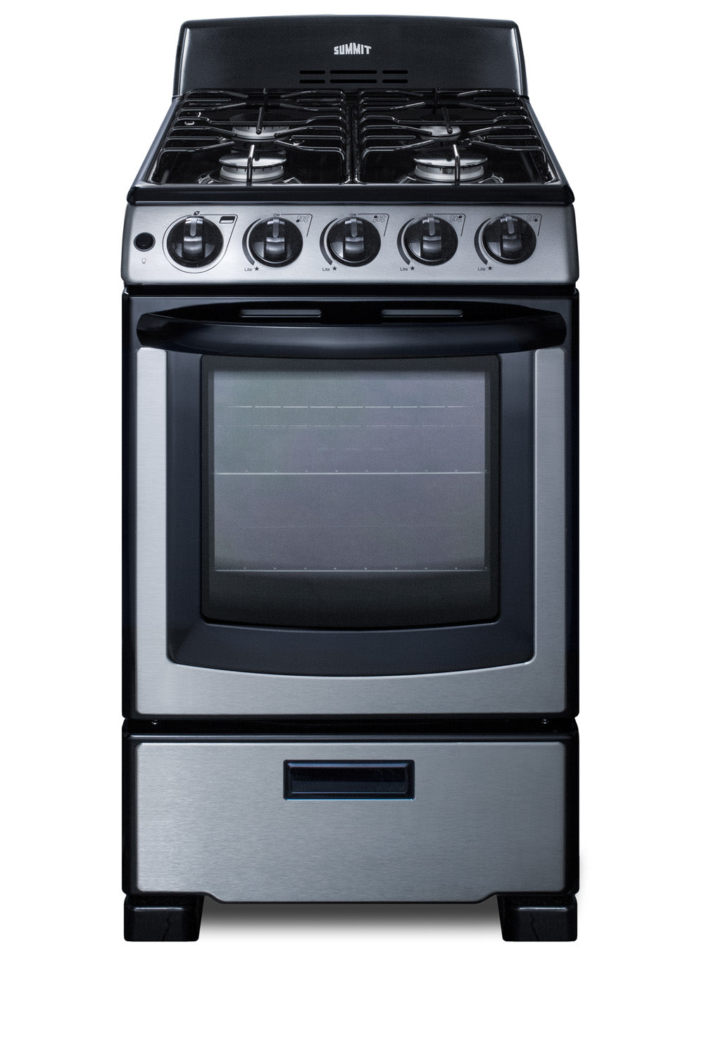 compact 20-inch wide stainless steel gas range with four burners and oven in kitchen appliances collection