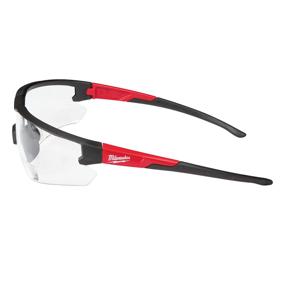 Clear magnifying safety glasses with black and red frame, anti-scratch lenses for protective eyewear and hardware use under $50 collection