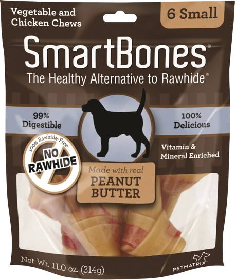 SmartBones small peanut butter dog chews in sealed brown package for pet treats and supplies under $50 collections